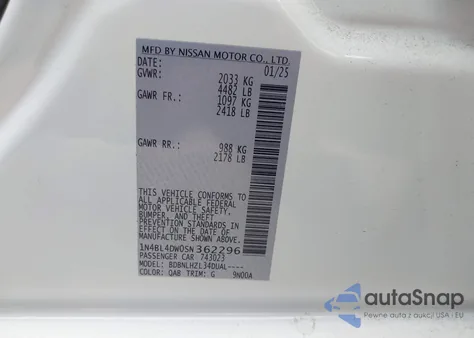 2025 Nissan Altima Sv Awd из США, поврежденный, VIN 1N4BL4DW0SN362296